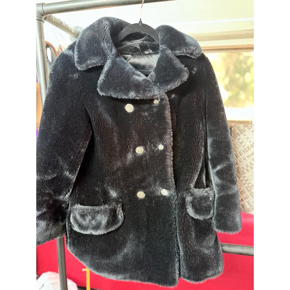 Vintage 60s Borgana Sportowne Black Faux Fur Coat Double Breasted
